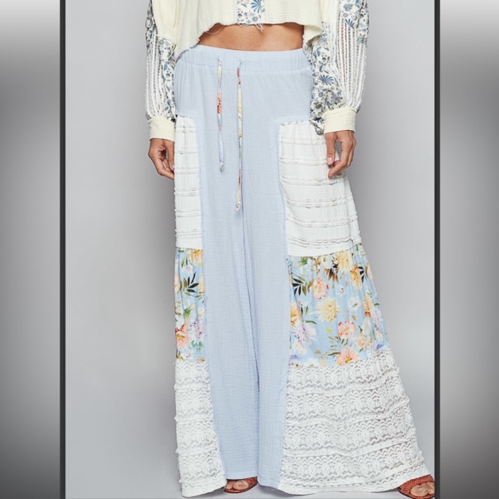 POL Light Blue Floral and Lace Patchwork Pants